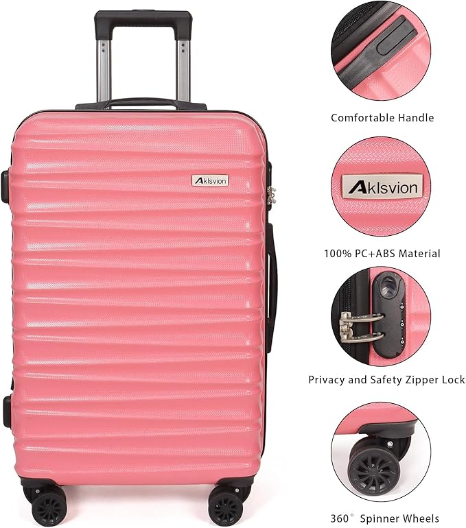 Luggage Sets 3 Piece (20/24/28 Inch) Carry on Suitcase with Wheels PC+ABS Hardside Spinner Travel Luggage - Pink
