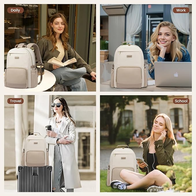 LOVEVOOK Laptop Backpack for Women with Pouch Pocket for Large Capacity Cup,15.6 Inch Laptop Computer Bag Travel Backpack Purse,Waterproof Work Business College Teacher Backpack,Beige-Nude-Logam Plum