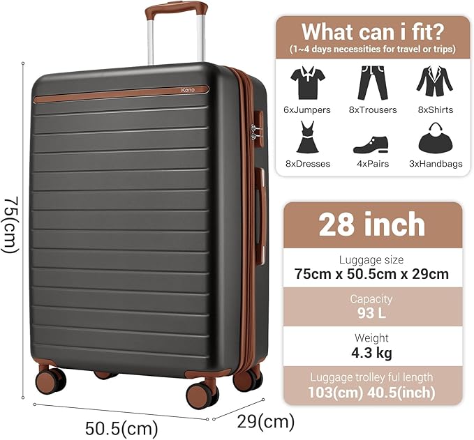 Kono 28 Inch Large Suitcase, Expandable for Long Trips, Impact-Resistant ABS+PC & Silent Wheels, Black, Lightweight Hardshell Luggage, Smooth Rolling Spinner Suitcase for Travel，Grey/Brown