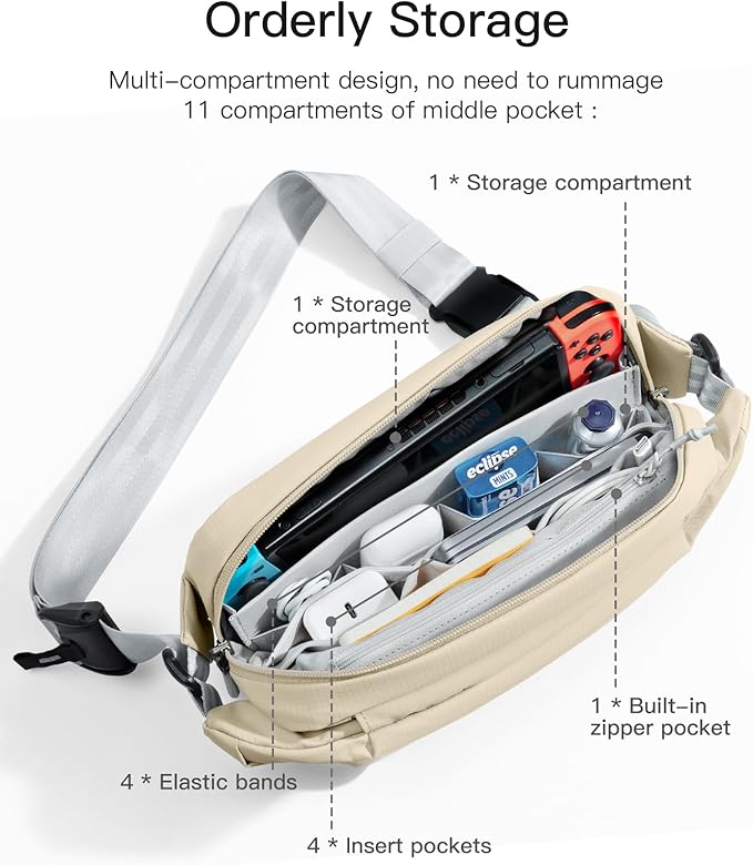 Inateck Sling Bag X, Multi-pocket Crossbody Shoulder Chest Bag with Adjustable Shoulder Strap, Water-resistant Waist Fanny Pack for Men, Women, Travel, Daily Use, Cycling, Hiking, Beige, Large