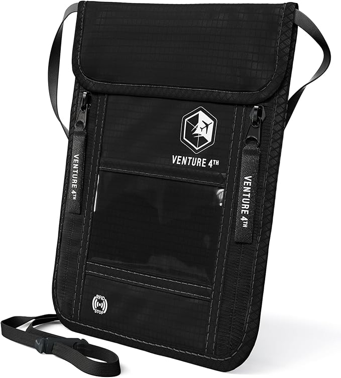 VENTURE 4TH Neck Wallet for Women & Men – RFID Blocking Passport Holder for Travel, Hidden Neck Pouch with 6 Compartments, Slim Lightweight Travel Organizer with Adjustable Strap (Pure Black)