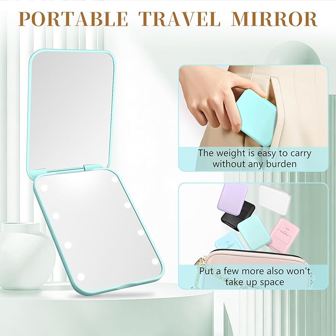 Kakuje Compact Mirror, 1X/3X Magnification LED Pocket Mirror with Nternal BIattery, Mini Mirror for Purse, Pocket,Travel and Present (Mint Green)
