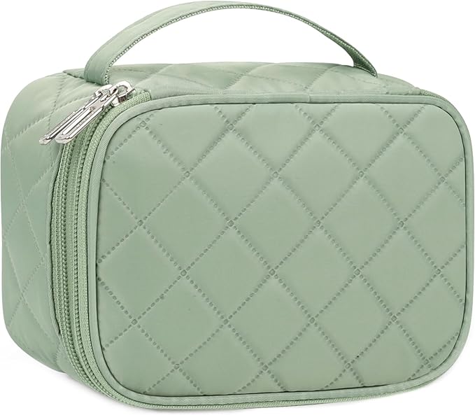Relavel Travel Makeup Bag, Cosmetic Bag for Girls with 2 Makeup Brush Holders, Portable Makeup Pouch for Women, Cute Toiletry Bag with Double Layer Organizer - Green