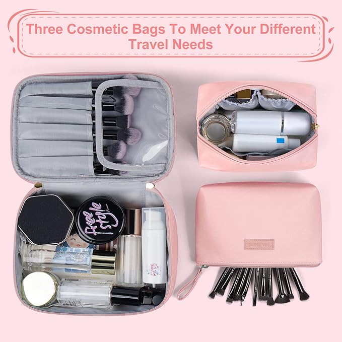 MAANGE Travel Makeup Bag - Large Makeup Bag with 2pcs Small Makeup Bag Portable Leather Cosmetic Bag Toiletry Bag Make Up Bags for Women and Girls (Pink)