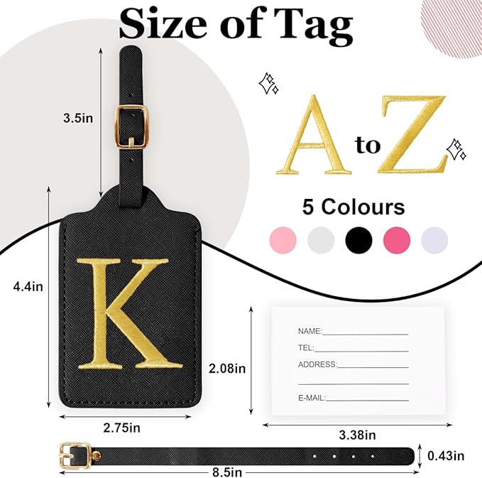 Personalized Initial Luggage Tags for Suitcases,Leather Letter Cute Luggage Tags with Privacy Name Card,Embroidered Monogrammed Travel Bag Backpack Tag Gifts for Women Kids Girls Teens(Black-K)