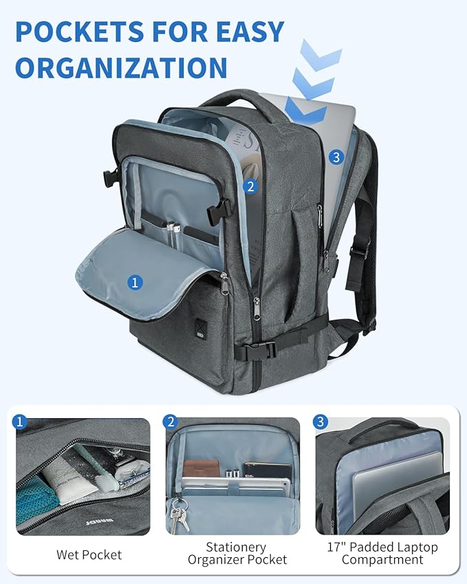 WANDF Travel Backpack For Spirit Airlines Personal Item Bag 18x14x8 with Wet Pocket, 17 Inch Laptop Backpack for Men Women（Grey）
