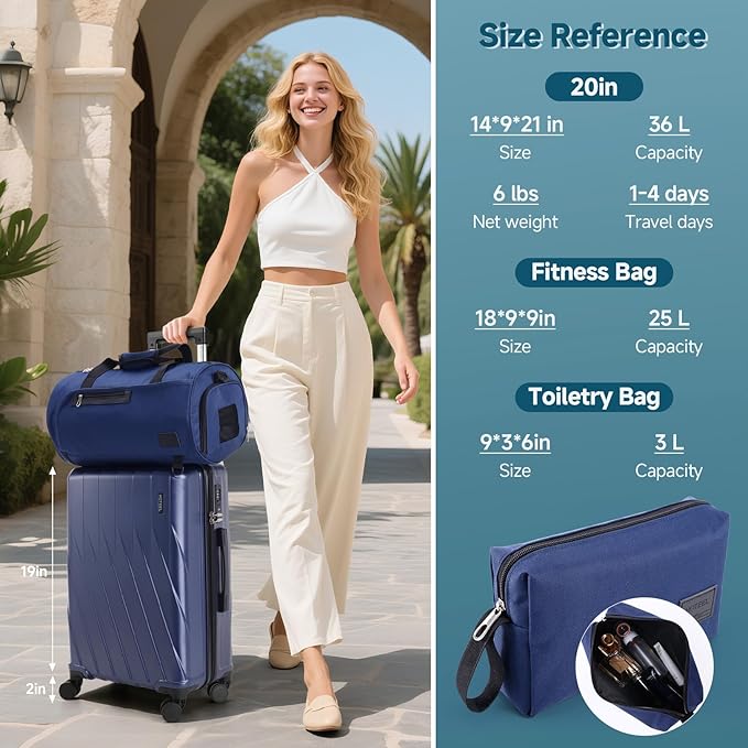 Hoteel Luggage Sets 3 Piece PC Hardside, 4-Year Warranty, Luggage Set with Spinner Wheels, TSA Lock, YKK Zipper, Lightweight Carry on Luggage, 20" Suitcase with Fitness Duffel & Organizer, Blue