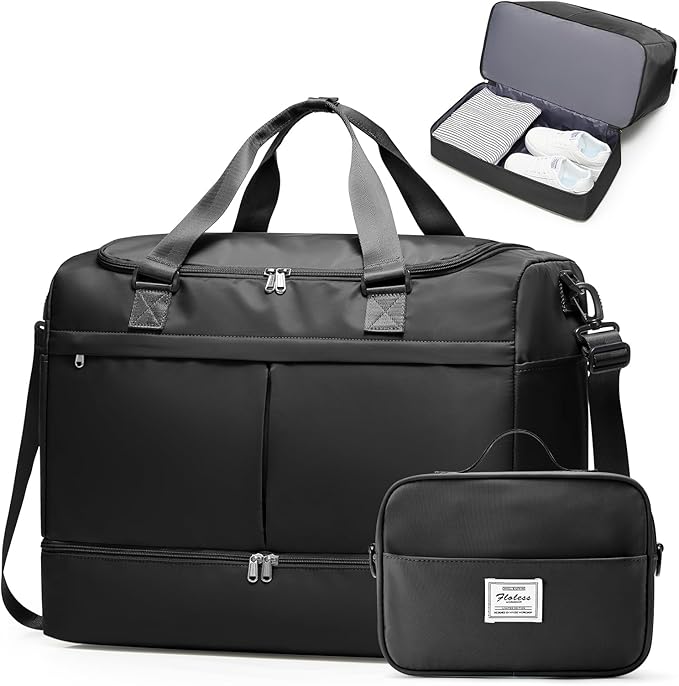 Large Travel Duffel Bag, Weekender Bag for Women with Shoe Compartment & Toiletry Bag, Overnight Carry on Bag for Travel, Gym, Hospital, Business,Black