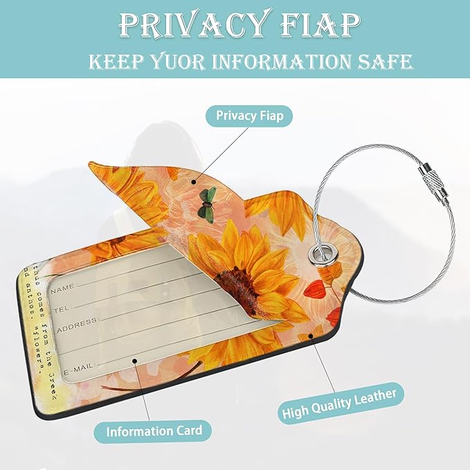 Sunflowers Luggage Tags Set of 2 Butterfly Retro Leather Suitcase Tags with Stainless Steel Loop and Privacy Cover for Women Men Travel Luggage Accessories