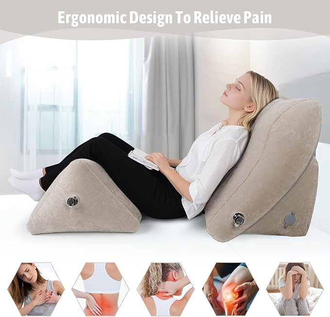 Inflatable Bed Wedge Pillow Set for Sleeping, 2PCS Inflatable Wedge Pillow for Traveling, Adjustable Back Pillow for Bed Sitting up, Reading, After Surgery, Knee & Back Pain, Acid Reflux, GERD, Grey