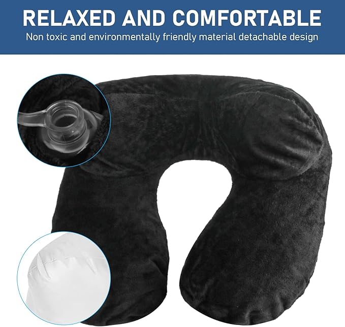 Air-Filled Travel Pillows for Sleeping Airplane Neck Support for Traveling Pillow Inflatable Travel Neck Pillows for Air-Filled Neck Pillow Airplane, with Eye Masks, Earplugs (Black, Adult)