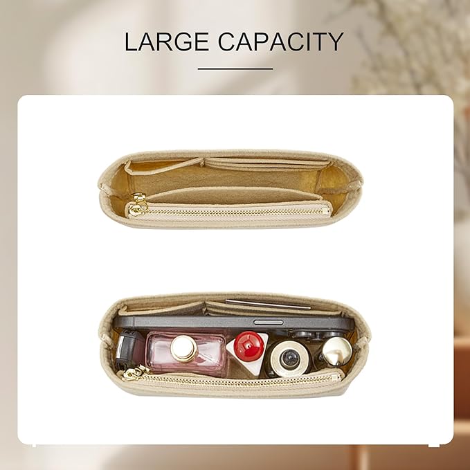 Small Purse Organizer Insert Compatible with Longchamp Mini LePliage Xtra/Original/Green XS Pouch, Felt Handbag Organizer Divider Shaper Inner with Zipper, Beige/XS