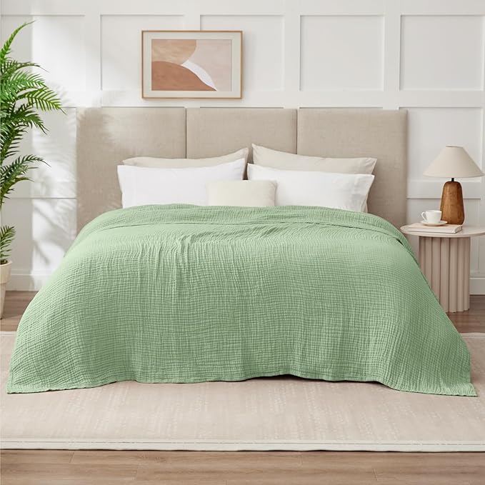 100% Cotton Muslin Blanket Queen 90" x 90", 6 Layers Breathable and Lightweight Cotton Throw Blanket for Bed, Soft Quilt Bedspread Coverlet, Gauze Blanket for Adults All Season, Sage Green