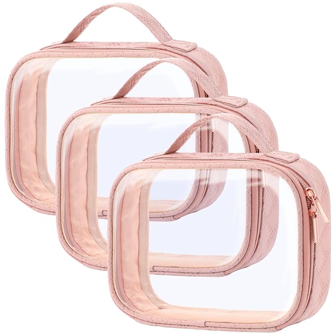 PACKISM TSA Approved Toiletry Bag 3 Medium, 3-1-1 Compliant Clear Makeup Bag with Handle, Quart Size Toiletry Bags Fit Carrv-on Travel Essentials, Water Resistant PVC, Rose Pink