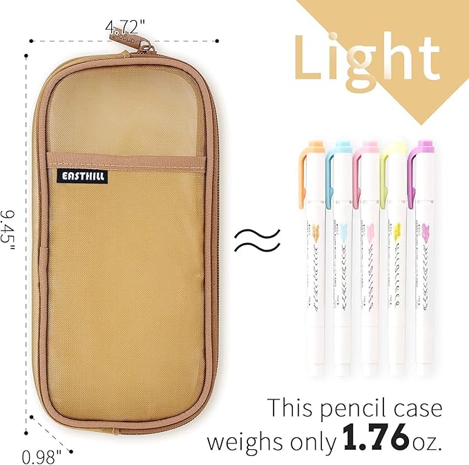 EASTHILL Grid Mesh Pen Pencil Case with Zipper Clear Makeup Color Pouch Cosmetics Bag Multi-Purpose Travel School Teen Girls Transparent Stationary Bag Office Organizer Box for Adluts(Khaki)