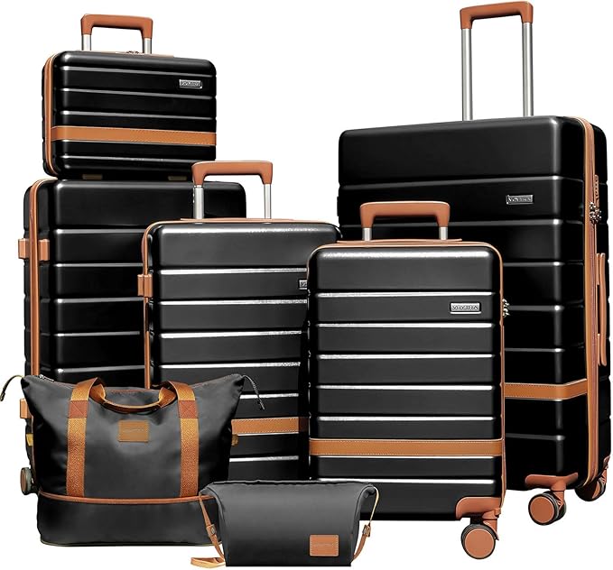7 Piece Luggage Set for Family Travel, Lightweight Hardshell PC+ABS Suitcases set, Suitcase with 8 Smooth Spinner Wheels, TSA Lock, YKK Zippers(Black)