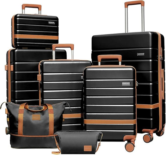 7 Piece Luggage Set for Family Travel, Lightweight Hardshell PC+ABS Suitcases set, Suitcase with 8 Smooth Spinner Wheels, TSA Lock, YKK Zippers(Black)