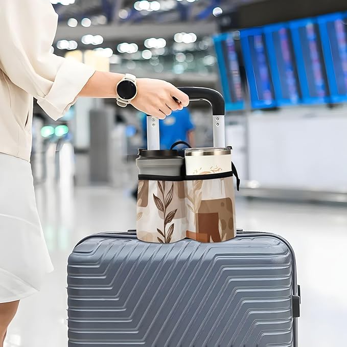 Luggage Cup Holder for Suitcases Free Hands Travel Cup Holder Portable Suitcase Cup Drink Holder Luggage Cup Caddy Bag Carrier Light Brown Boho Leaves