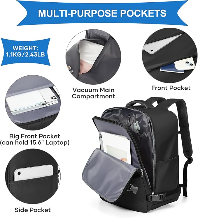 coowoz Vacuum Backpack Travel with Pump,Travel Backpack with Vacuum System For Women Men,Carry On Backpack,Hiking Backpack Waterproof Outdoor Sports Rucksack Casual Daypack,33L(Vacuum pump),Black