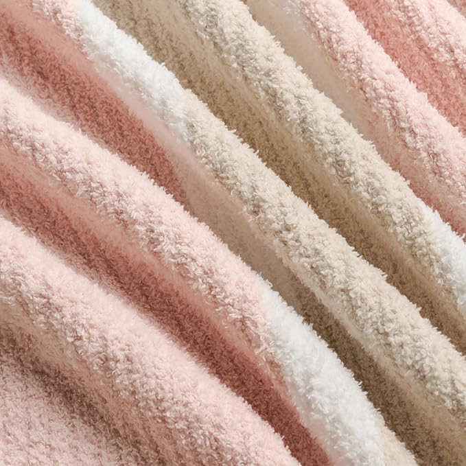 Throw Blanket, Soft Cozy Fluffy Striped Throw Blankets for Couch, Sofa, Bed, Chair, Warm Fuzzy Plush Lightweight Decorative Stripe Blanket, Pink Khaki, 50x60 inches