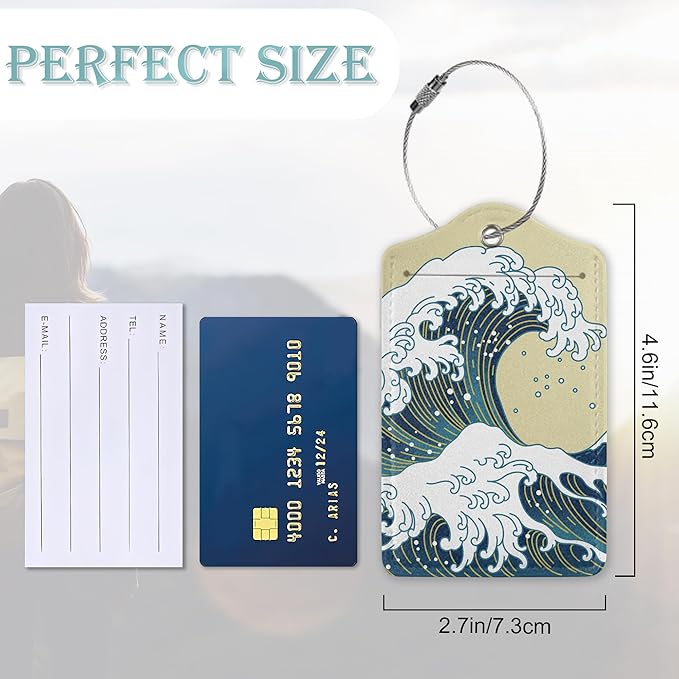 Luggage Tags for Suitcase,2 Pack Japanese Ocean Wave Luggage Tag Leather Privacy Cover ID Label with Stainless Steel Loop for Women Men Kids Girls Travel