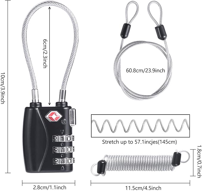 TSA Locks, Digit Combination Padlocks and Steel Cable Combination Travel Security Lock for Baggage, Suit Case, Gym, Bike Locks (TSA Luggage Locks-4)