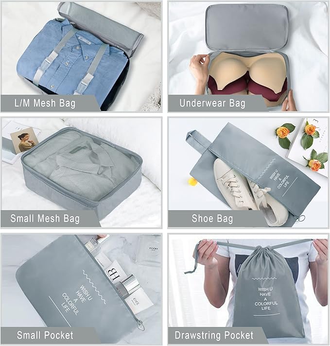 Packing Cubes, 8 Pcs Travel Packing Organizers for Suitcases, Large Capacity Travel Luggage Organizers Set includes 8 Storage Bags for Women or Men (Grey)