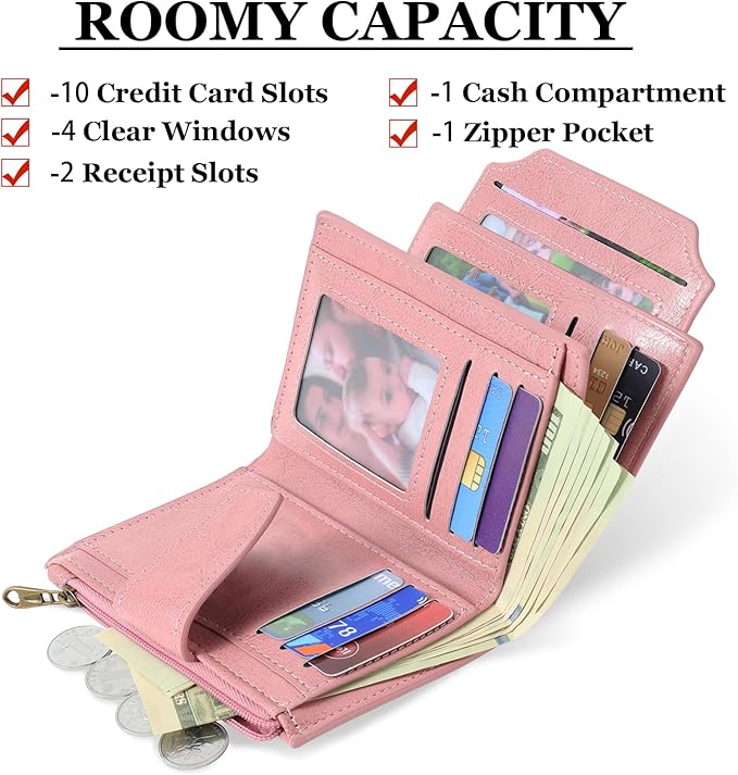 Airkit Small Wallet Women RFID Blocking Soft Leather Bifold Compact Card Holder Wallet for Women with Zipper Coin Pocket 4 ID Window