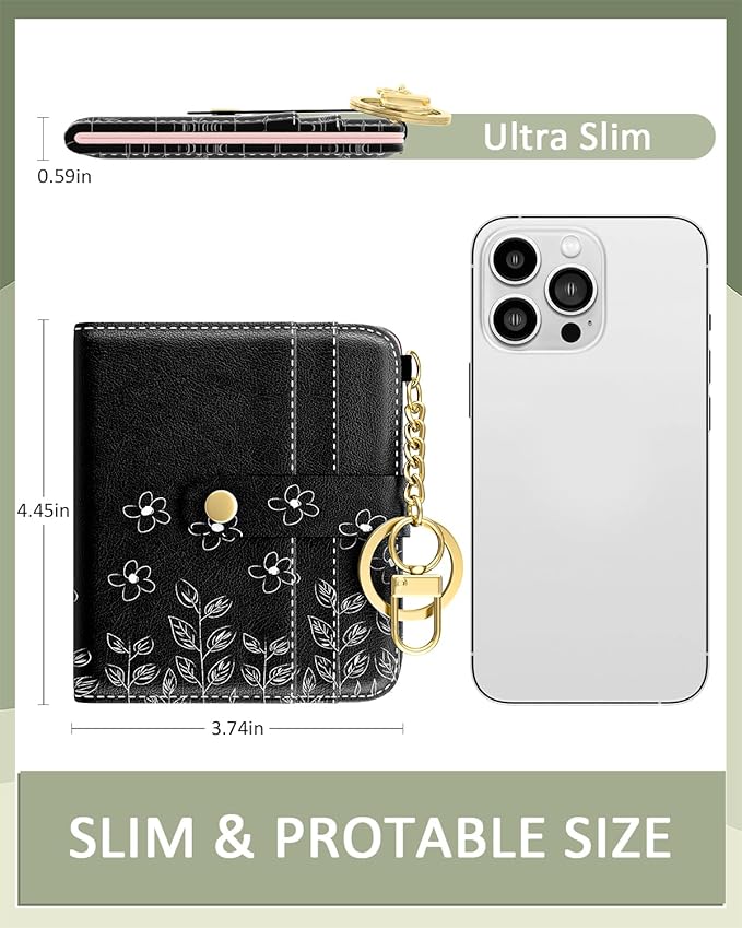 Aiawoxc Womens Wallet, RFID Small Wallets for Women, Slim Compact Credit Card Holder, Cute Leather Bifold Ladies Purse with Zipper Coin Pocket and ID Window, Pinwheel Flowers