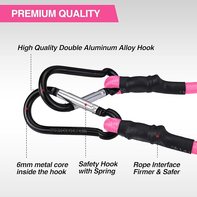 WORKPRO 24 Inch Bungee Cords with Hooks, 4 Pack Superior Rubber Heavy Duty Bungee Straps Strong Elastic Rope for Outdoor Tent, Luggage Rack, Camping, Cargo, RV, Bike, Transporting, Storage, Pink