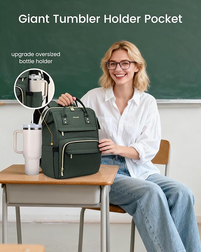 LOVEVOOK Laptop Backpack for Women with Giant Tumbler Holder Pocket,17 inch Waterproof Travel Backpack Purse Computer Laptop Bag,Professional Work College Nurse Teacher Backpack Daypack,Dark Green