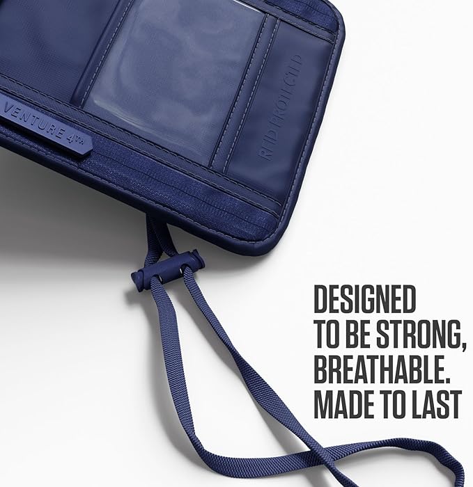 VENTURE 4TH Neck Wallet for Women & Men – RFID Blocking Passport Holder for Travel, Hidden Neck Pouch with 6 Compartments, Slim Lightweight Travel Organizer with Adjustable Strap (Sleek Navy Blue)