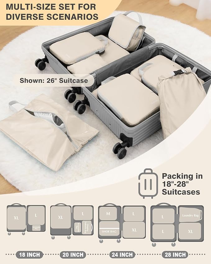 Gonex 10 Set Compression Packing Cubes, Expandable Storage Travel Bags for Suitcase, Luggage Organizers with Hanging Toiletry Bag Laundry Bag Shoe Bag Accessories Bag (Cream)
