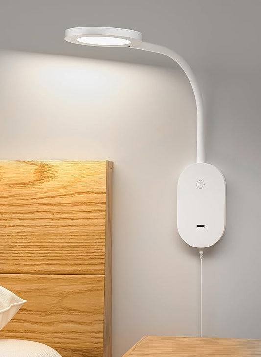 deeloop Wall Mounted Reading Light,Book Lights with USB Output, Reading Lamps for Bed Headboard in 4 Hours Auto-Off, Touch Control Wall Lamp with 5 Dimmable Flexible Head Rotation Bedside Lamps White | Made for headboards and dorm rooms, with five dimm...