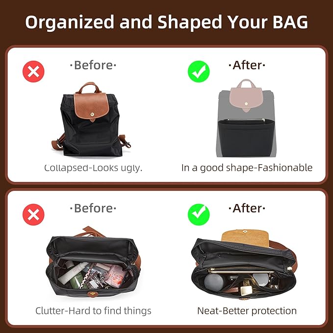 Doxo Backpack Organzier Insert Compatible with Longchamp Le Pliage Bag and More (9" L x 3.2" W x 6.7" H, Black)