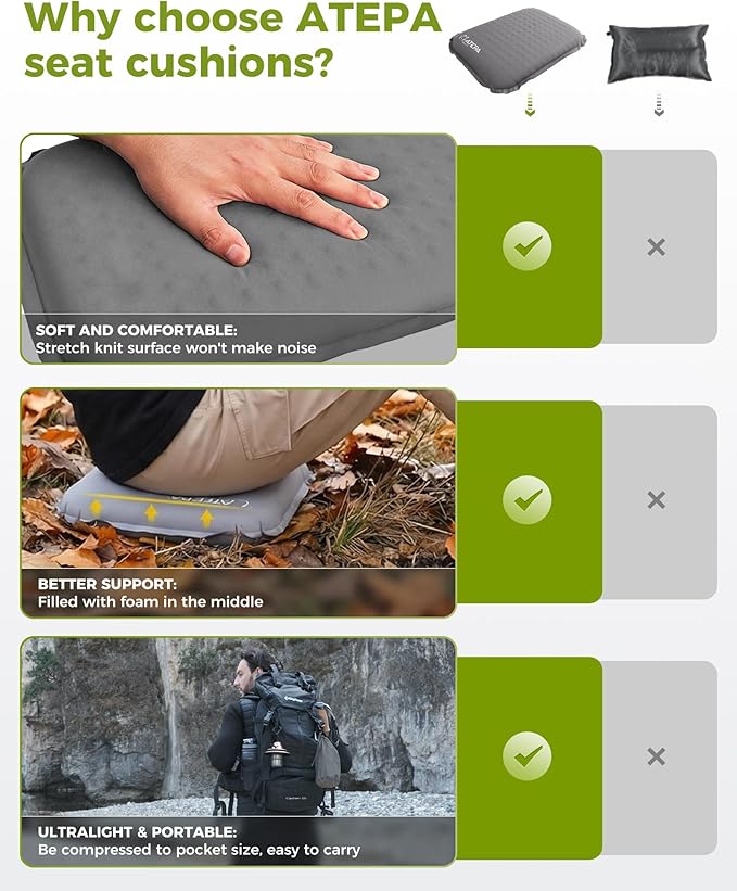 ATEPA Inflatable Seat Cushion, Self-Inflating Portable Stadium Airplane Travel Foam Cushion Pad for Camping, Sports Events, Outdoor