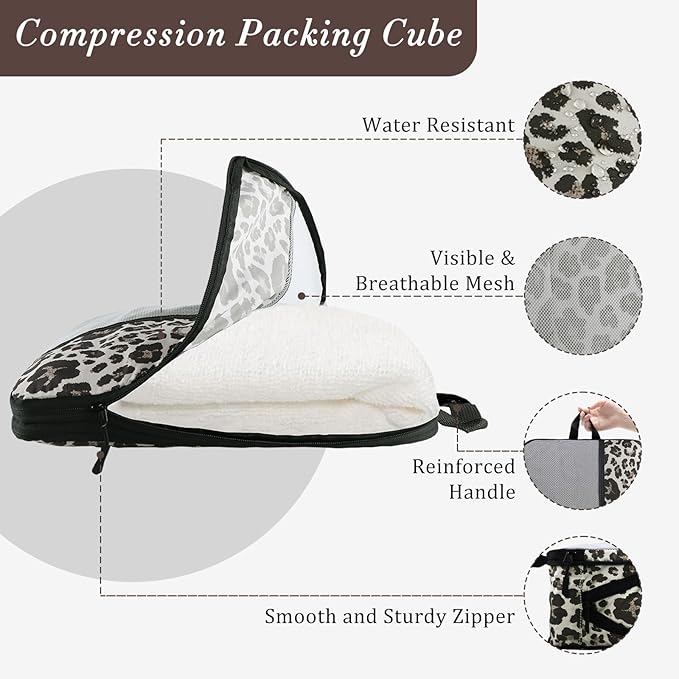 U+U 10 Set Compression Packing Cubes - Ultralight Leopard Travel Organizers with Laundry Bag, Space-Saving Suitcase Organizer, Expandable Packing Cubes for Travel and Family Vacation (Leopard)