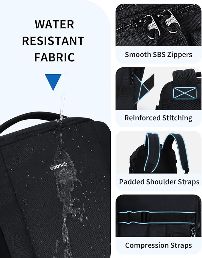ECOHUB 40L Carry-On Travel Backpack, TSA-Friendly, Anti-Theft Water-Resistant Lightweight with 17.3″ Laptop Compartment, Durable PFAS-Free Rucksack, Black