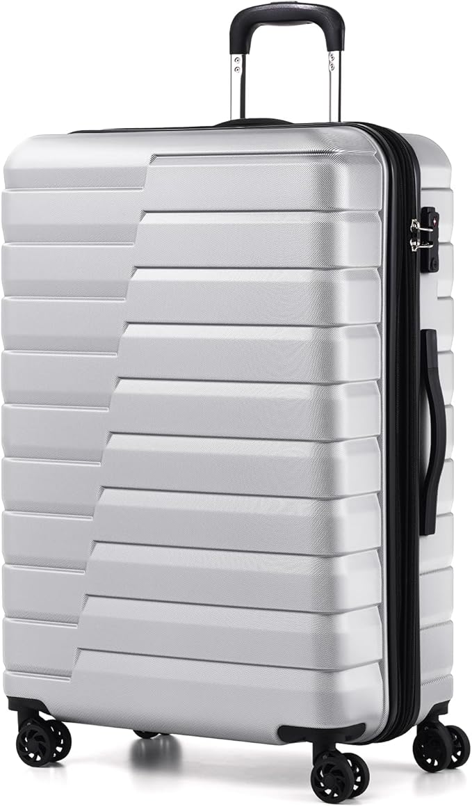 Coolife Expandable Large Checked Luggage with Spinner Wheels, Hard Shell Suitcase TSA Lock Rolling Travel Luggage 28-inch,Silver