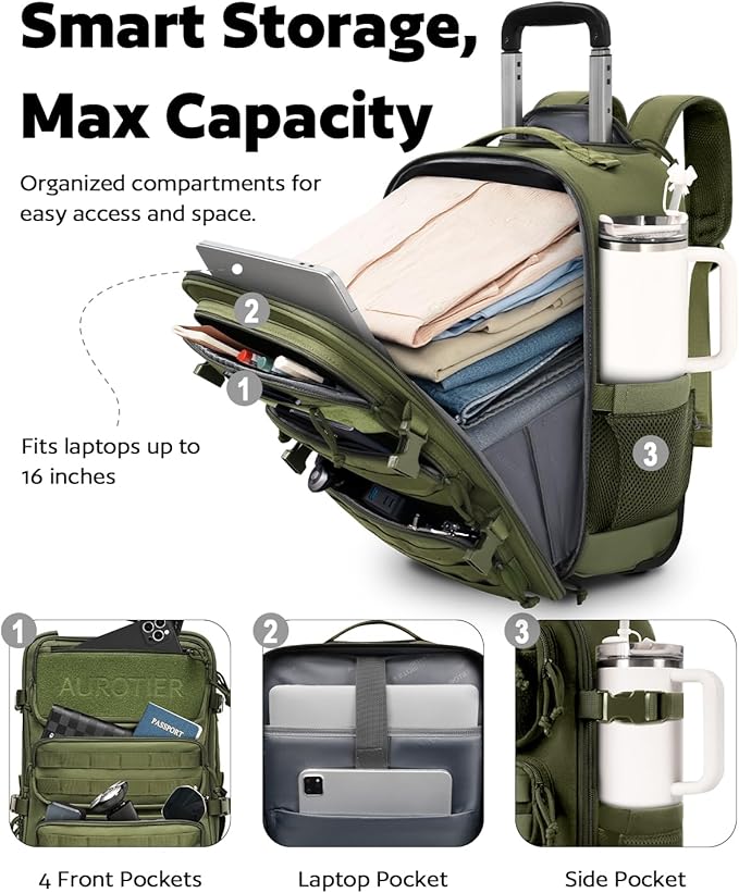 Rolling Tactical Laptop Backpack, Underseat Travel Backpack with Wheels, 16 Inch Wheeled Military Computer Backpack for Men and Women, Roller Overnight Molle Outdoor Hiking College Carry on Luggage