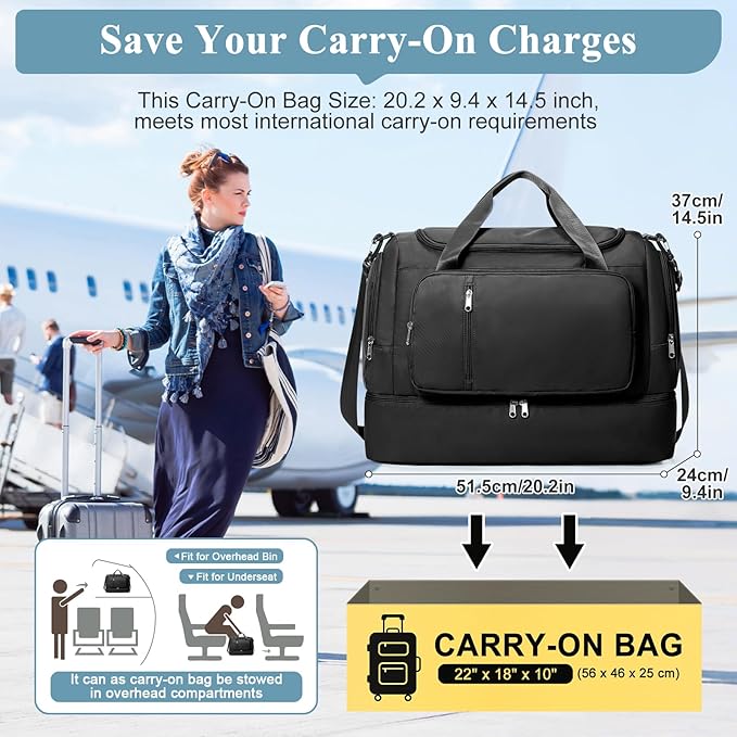 Travel Duffle Bag, Weekender Bags for Women,Overnight Weekend Carry On Personal Item Travel Bag with Shoes Compartment & Toiletry Bag,Black