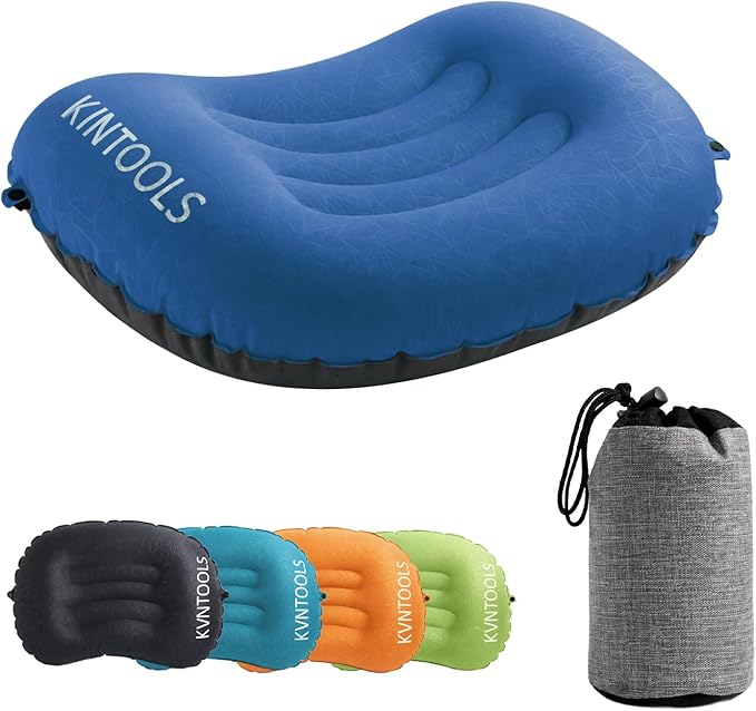 Camping Pillow-Compressible, Ultralight Inflatable,Compact, Comfortable, Ergonomic Inflating Pillows for Neck & Lumbar Support While Camp, Hiking(Navy Blue,with Anti Slip Straps)