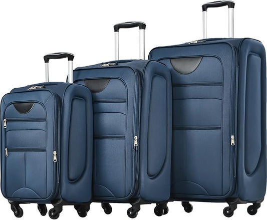 Softside Luggage Sets 3 Piece - 20" Carry-On, 24” & 28” Checked Luggage Set, Expandable Luggage Lightweight Suitcase with Spinner Wheels & TSA Lock for Family Extended Travel (Dark Blue)