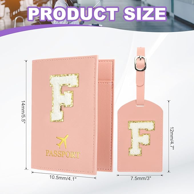 PATIKIL Passport Holder for Travel, Initial Passport Cover and Luggage Tag Set with Alphabet Chenille Letter Patch Travel Wallet Bag Suitcase Identifier for Women Family Travel Pink F