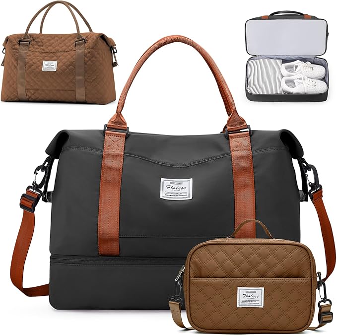 Weekender Bags for Women,Travel Duffle Overnight Bag with Shoe Compartment,Personal Item Carry On Bag,Black & Brown,Large,3 Pcs Set
