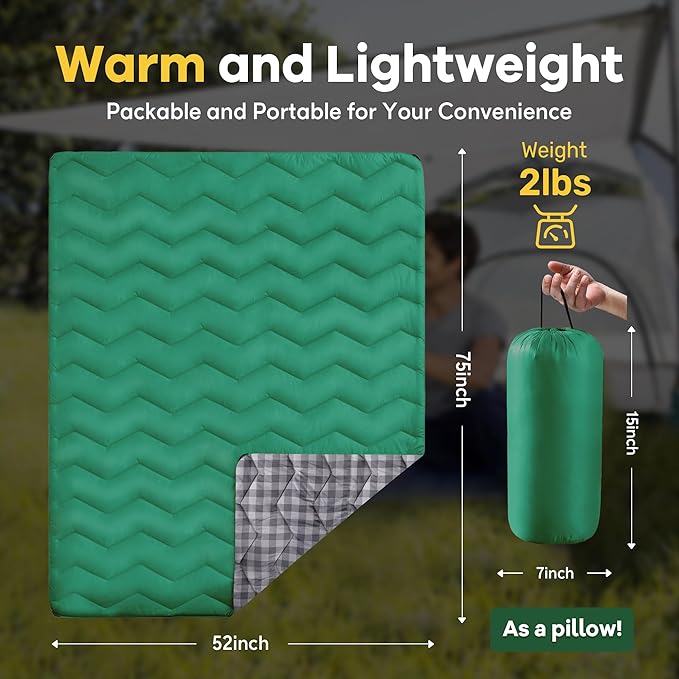 UNIKOME Waterproof Puffy Camping Blanket - Lightweight Packable Outdoor Quilt with Corner Loops, Warm Compact Blanket for Cold Weather Hiking Picnic Stadium Travel, 75"×52", Green