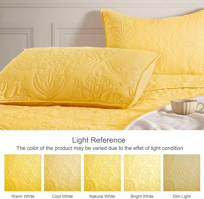Whale Flotilla Cal King Quilt Set Vintage Damask Reversible Bedspread | Suitable for Bed, 3 Pieces Yellow Lightweight Breathable Oversized Quilts, Ultrasonic Coverlet Bed Cover with 2 Pillow Shams