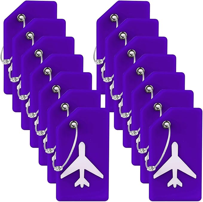 14 Pack Silicone Luggage Tag for Suitcases with Stainless Loop, TSA Approved, Privacy Protection Travel Essentials Bag Tags by Gostwo, Purple
