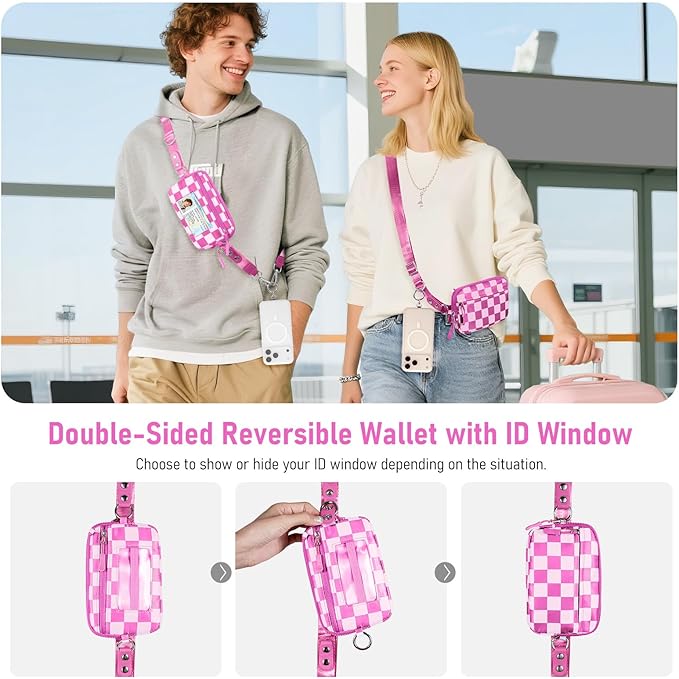 Tiostep Clip and Go Strap for Phone with Wallet Crossbody Phone Lanyard and Detachable Checkered Bag with ID Window and RFID Pouch for Daily Travel.