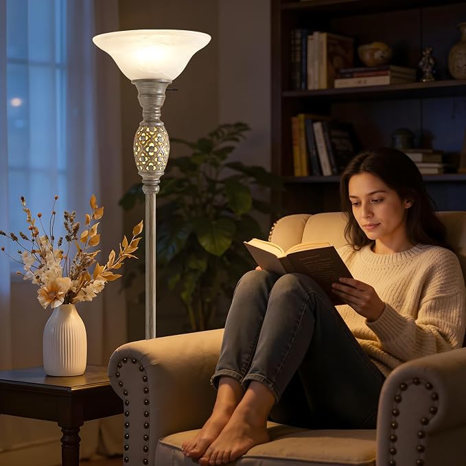 70" Torchiere Floor Lamps with NightLight, Standing Lamp with Glass Shade | Vintage Floor Lamp for Living Room, Bedroom, Office - Retro Floor Lamps with Rotary Switch, Home Decor, Bulb Included